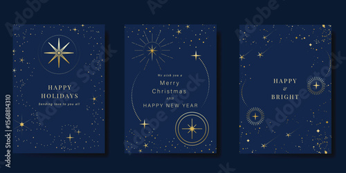 Luxury christmas and happy new year holiday cover template vector set. Gold twinkling star, meteor on navy blue background. Design for card, corporate, season's greeting, wallpaper, poster.