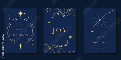 Luxury christmas and happy new year holiday cover template vector set. Gold twinkling star on navy blue background. Design for card, corporate, season's greeting, wallpaper, poster.