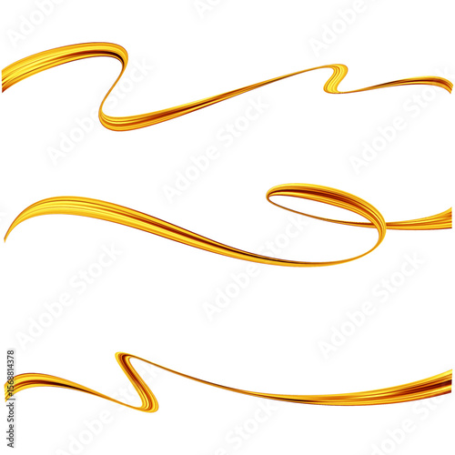 Curved golden wave ribbons on a white background, perfect for decorative graphic design elements, borders, or abstract art compositions.