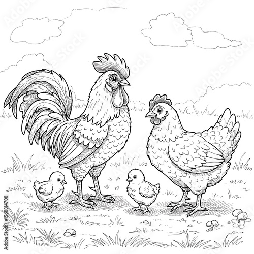 A rooster, a hen, and two fluffy chicks stand close together on grassy terrain beneath a partly cloudy sky, illustrated in clean black-and-white line art for coloring.