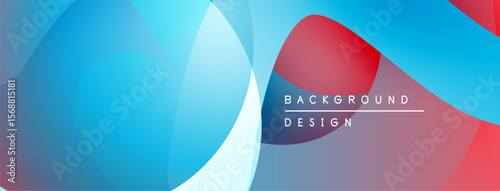 Abstract shapes overlap, creating vibrant blue, red gradients. Modern design emphasizes smooth transitions, visual harmony.