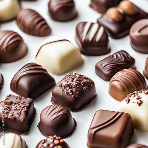 Scattering of chocolate candies, isolated, on white background. Illustration for advertising confectionery products.