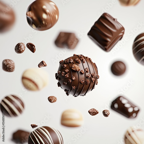 Scattering of chocolate candies, isolated, on white background. Illustration for advertising confectionery products.