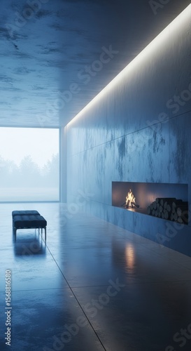 Modern Room with Fireplace and Black Bench in Minimalist Architecture