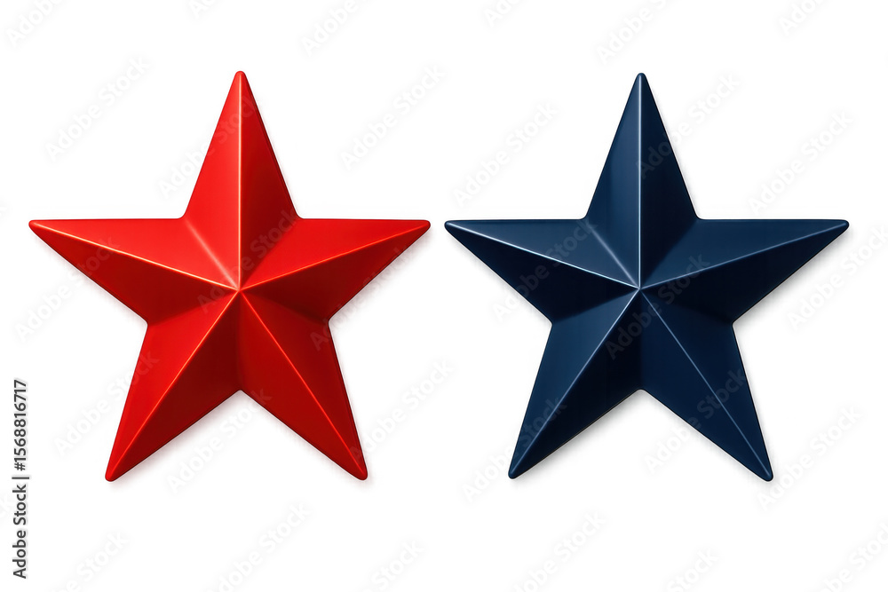 Fototapeta premium Bright red and blue 3d stars positioned parallel, highlighting vivid color contrast against transparent surface