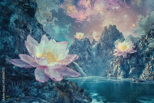 Enchanted Lotus Paradise: Dreamlike Mountain Lake with Blooming Water Lilies Under a Starry Sky