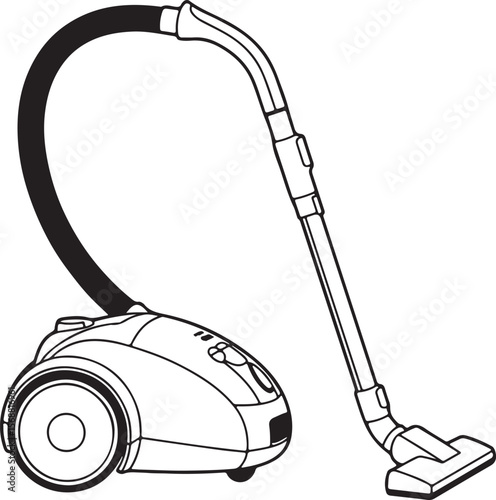 Black and white line drawing of a vacuum cleaner with hose and nozzle cleaning household appliance