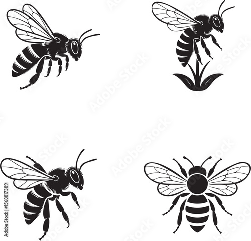 Set of Bee silhouette vector illustration isolated On Transparent Background