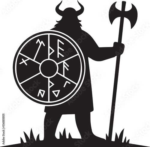 A powerful silhouette of a Viking warrior standing with an axe and shield silhouette transparent isolated vector png