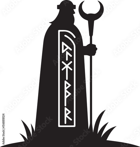 A simple black and white silhouette of an old wizard holding a staff and standing with a crescent moon and runes carving silhouette transparent isolated vector png