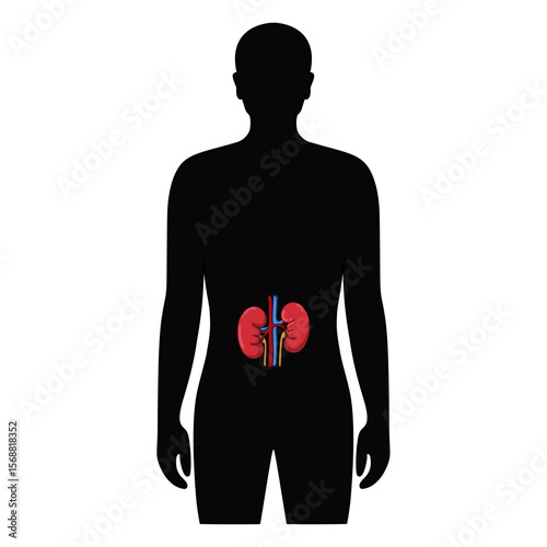 Kidney organ in human body. Illustration kidney in male body. Vector design for medical poster, donor, icon and education