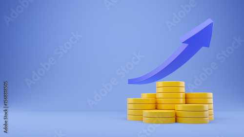 Gold coin stack with growth chart up arrow graph backgrounds. trading financial, capital money increase illustration. 3D render cartoon minimal coin pile for economy fund investment stock market