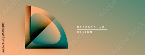 Abstract design features overlapping shapes, gradient colors. Background includes text background design with horizontal lines. Minimalist aesthetic.
