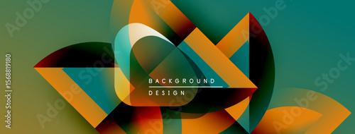 Abstract geometric shapes overlap, creating vibrant color gradients. Design features teal, orange, brown hues. Modern background texture.