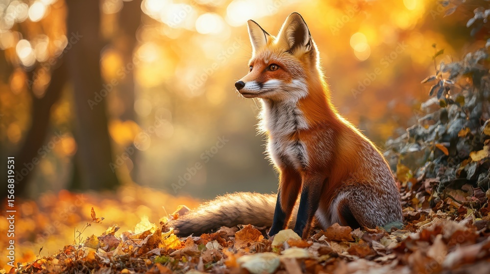Fototapeta premium Beautiful Red Fox Sitting Among Fallen Leaves in Autumn Forest