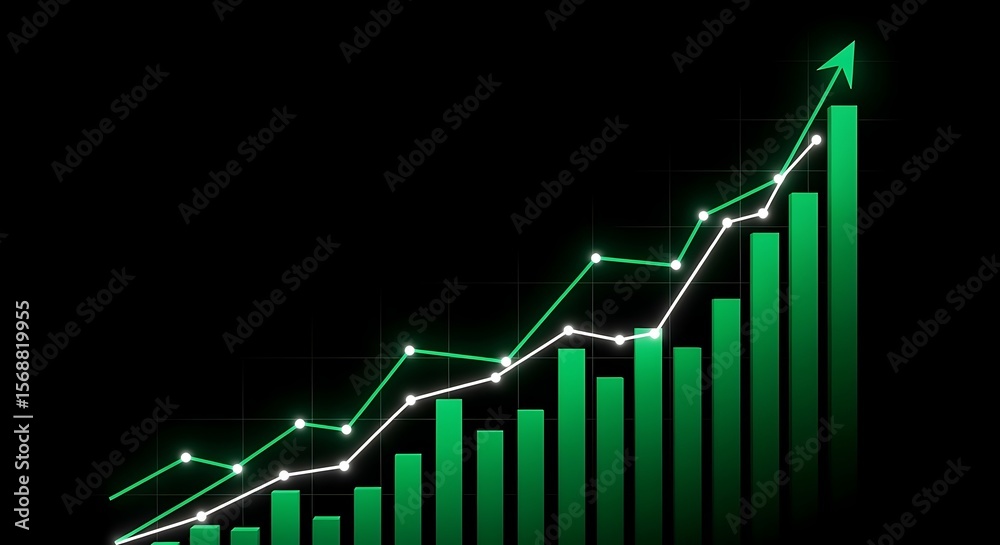Rising Green Bar Chart with Line Graph Showing Growth Rising Green Bar Chart with Line Graph Showing Growth