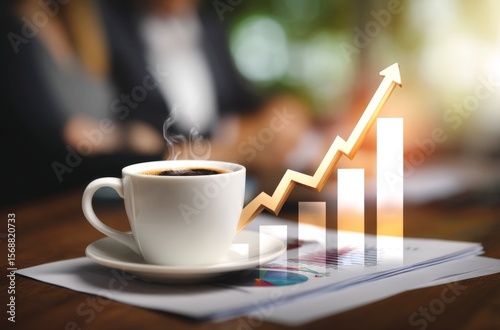 Close Up of Hands Working on Financial Documents with Coffee and Growth Chart in Background