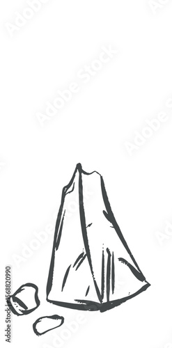 Triangular piece of parmesan cheese isolated on background. Vector ink sketch. Hard cheese, ingredient of Italian and French cuisine. Illustration for farm product packaging.