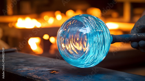 Glowing Blue Glass Orb Reflecting Fiery Furnace in Glassblowing