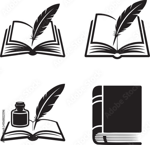 Set of Book and quill pen silhouette vector illustration isolated On Transparent Background