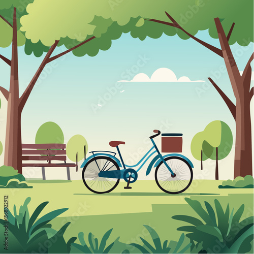 Whimsical illustration of bicycle resting beside green park bench