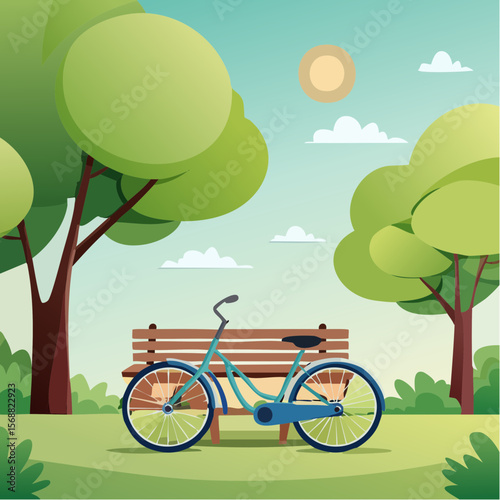 Whimsical illustration of bicycle resting beside green park bench