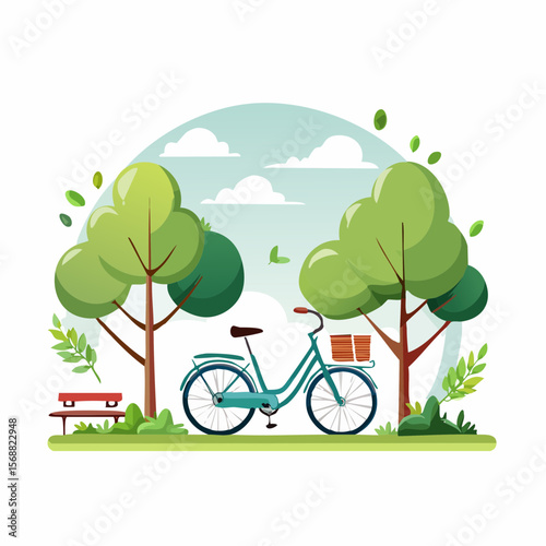 Whimsical illustration of bicycle resting beside green park bench