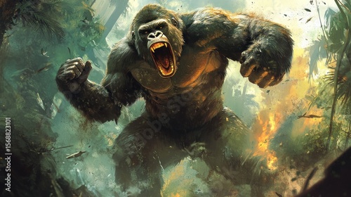 Aggressive gorilla in jungle