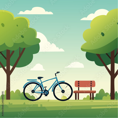 Whimsical illustration of bicycle resting beside green park bench