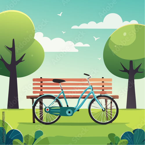 Whimsical illustration of bicycle resting beside green park bench