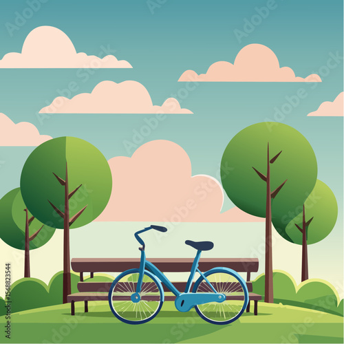Whimsical illustration of bicycle resting beside green park bench
