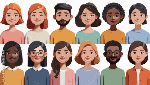 A collection of diverse cartoon characters with various skin tones and hairstyles on a white background