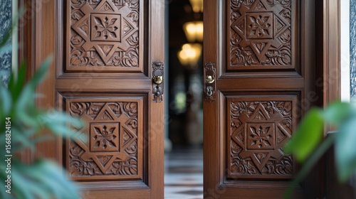 Carved wooden double doors opening to interior