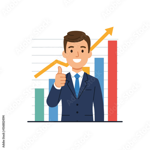 A businessman gives a thumbs-up, celebrating financial growth with a rising graph.