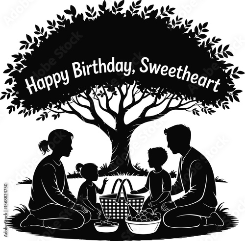 Happy birthday family picnic under tree silhouette, parents children celebrating outdoors, love message, nature moment, vector design, together illustration