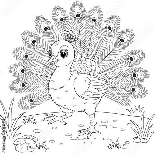 A young peacock stands proudly on a grassy patch with its tail feathers elegantly fanned out, showcasing intricate eye-like patterns. The black-and-white line art captures its graceful posture, expres