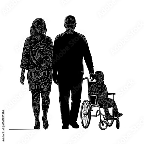 Parents walking with disabled child in wheelchair silhouette  