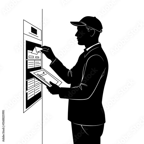 Man inserting mail into a mailbox while holding a clipboard  