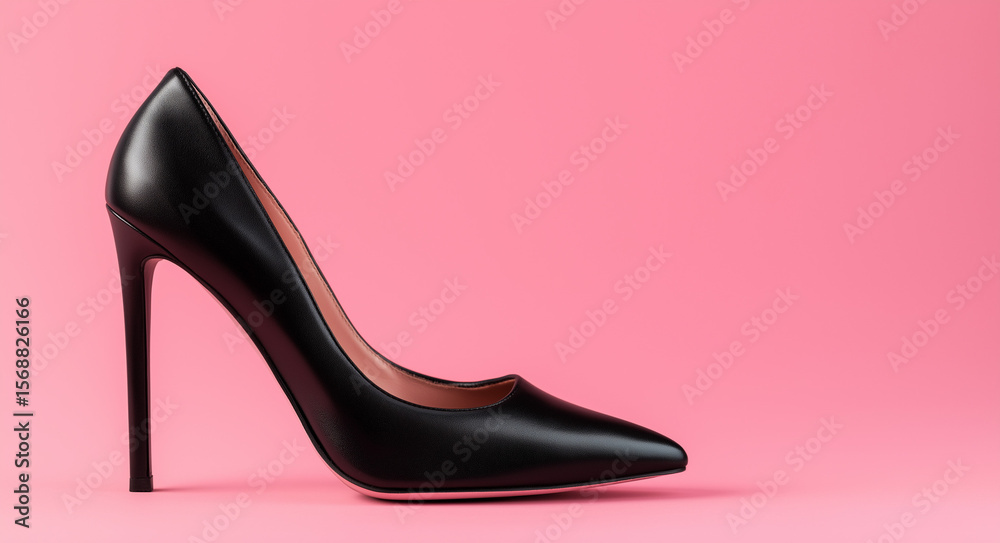 A pair of black high heels on the right side, solid color background, simple and clean background, high resolution. A pair of black high heels on the right side, solid color background, simple and clean background, high resolution.