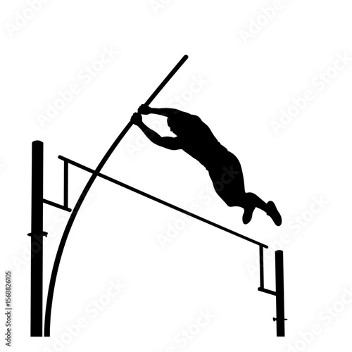 Pole vaulter leaping over bar in silhouette during competition  