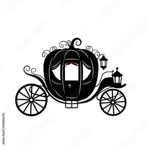 Pumpkin carriage with ornate design and lanterns in black silhouette  