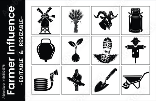Black And White Agricultural And Farming Icon Set Vector Illustrations Editable