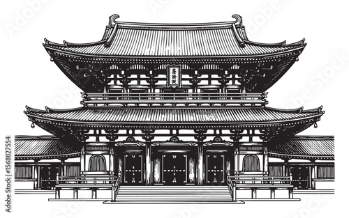 Traditional Japanese Temple Gate Vector Engraving Illustration