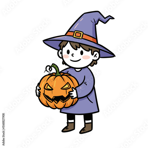 Child wearing witch hat holding pumpkin with carved face for Halloween  