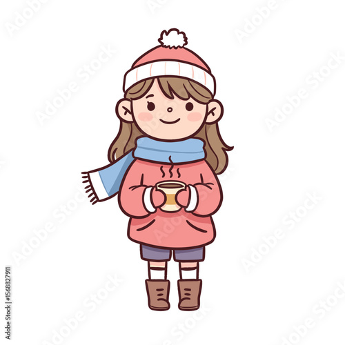 Young girl holding a cup of hot drink in winter attire  