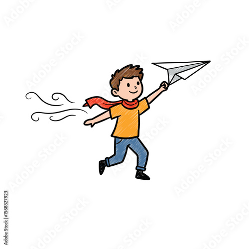 Young boy running with a paper airplane and red scarf  