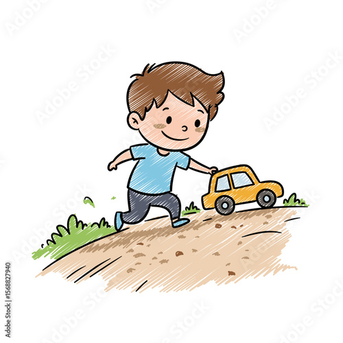 Young boy playing with toy car while walking on dirt path  