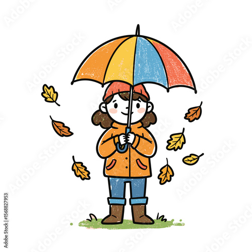 Young girl holding colorful umbrella in autumn with falling leaves  