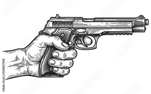 Hand Holding Modern Semi-Automatic Pistol Vector Engraving Illustration