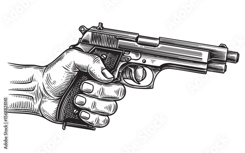  Hand Holding Modern Semi-Automatic Pistol Vector Engraving Illustration